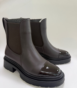 2025新款 秋冬牛皮拼接女靴厚底切尔西靴圆头女士短靴