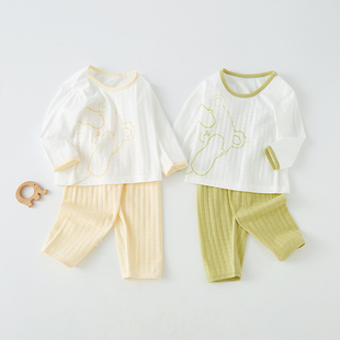 夏季婴儿空调服长袖薄款分体套装男女宝宝纯棉套头家居服透气睡衣