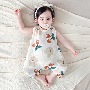 纱布儿童无袖爬服卡通宝宝哈衣睡衣婴儿连体衣套头夏季薄款新生儿