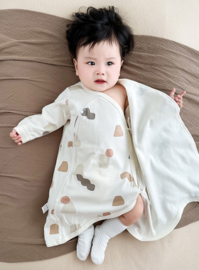 婴儿睡袍斜开双层护肚纯棉儿童长袖春秋季保暖男女宝宝连体衣睡衣