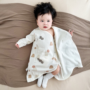 婴儿睡袍斜开双层护肚纯棉儿童长袖春秋季保暖男女宝宝连体衣睡衣