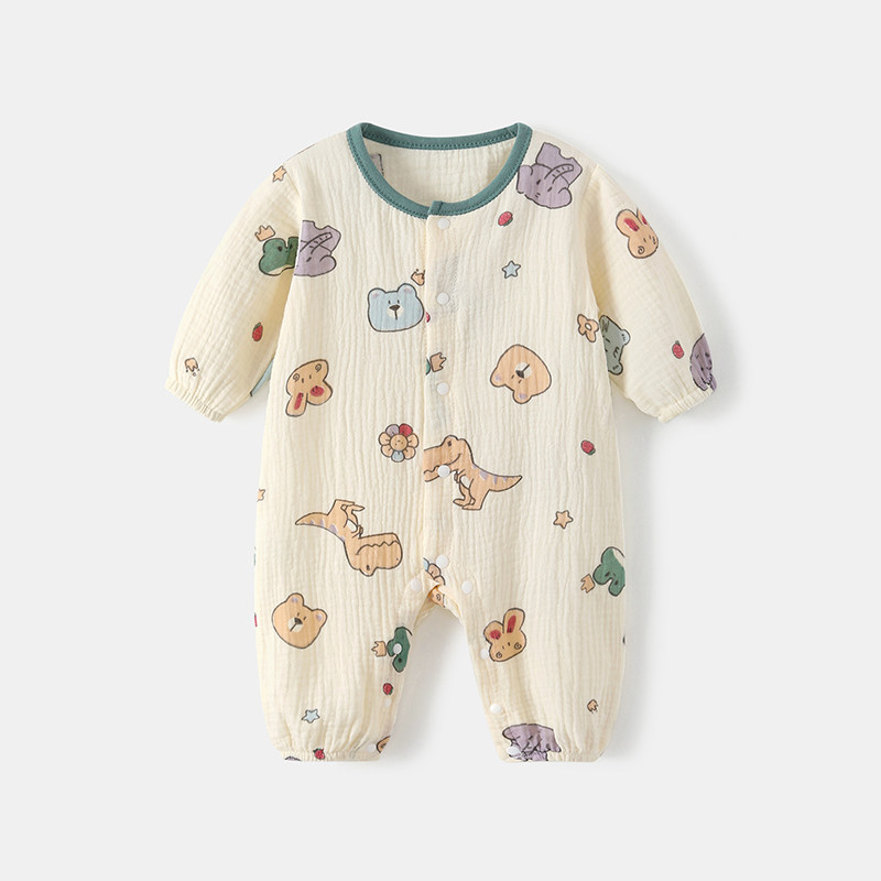 夏季薄款纱布婴儿长袖连体衣新生儿哈衣宝宝空调服童睡衣透气吸汗