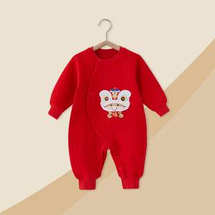 新年拜年衣服喜庆大红新生儿婴儿连体衣薄夹棉保暖衣男女宝宝睡衣