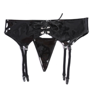 漆皮高亮绑带镂空吊袜带性感弹力开裆绳子夜店演出丁字裤扣子