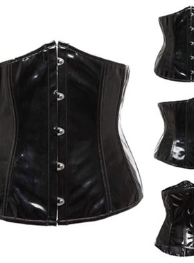 corset镜面亮皮革绑带束腰性感短款PU皮质腰夹宫廷束身衣女收腹带