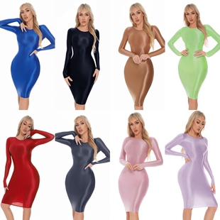 油亮光泽紧身性感长袖连衣裙职业女性装制服诱惑包臀裙弹力大码