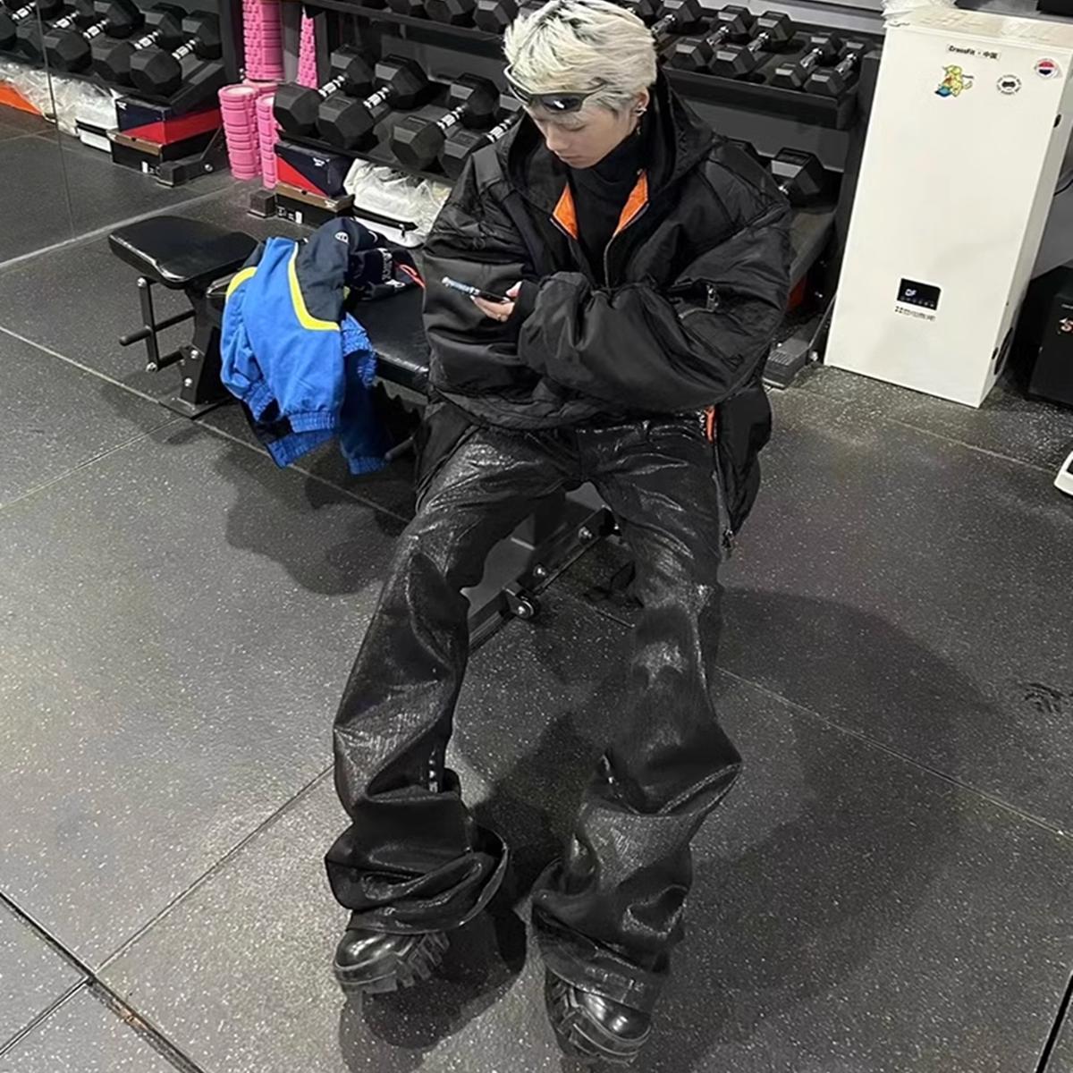 高弹飘带牛仔裤男女阔腿微喇叭裤