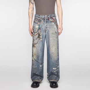 男潮牌baggy阔腿裤 美式 1981腰链印花直筒牛仔裤 3D数码 高街ac同款