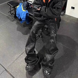 美式高街ro风格涂层弹力微喇叭牛仔裤男潮牌ins小众飘带拖地裤子
