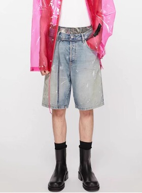 美式高街ac风格泼墨手绘牛仔短裤男潮牌飘绳腰带小众宽松五分裤子
