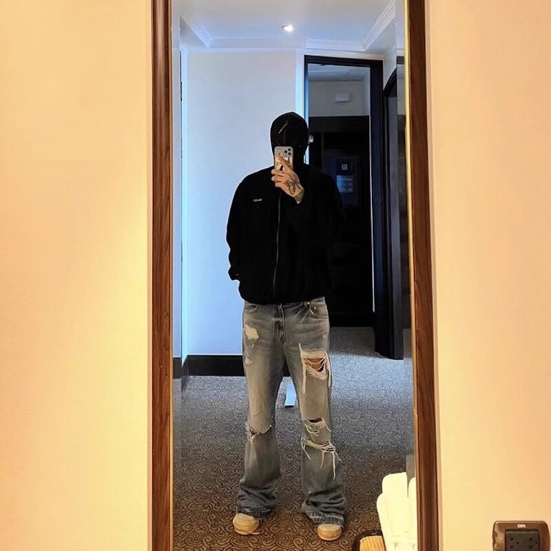 undermycar archive小众联名款复古水洗做旧微喇叭流苏破坏牛仔裤