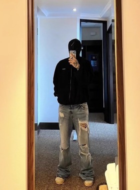 undermycar archive小众联名款复古水洗做旧微喇叭流苏破坏牛仔裤