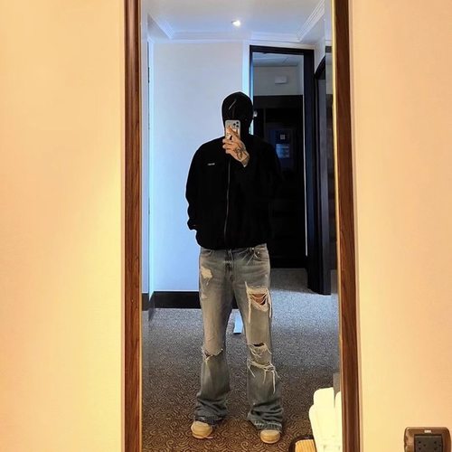 undermycar archive小众联名款复古水洗做旧微喇叭流苏破坏牛仔裤