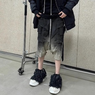 美式高街ro风格渐变洗水双环吊裆哈伦裤男潮牌小众工装牛仔短裤子