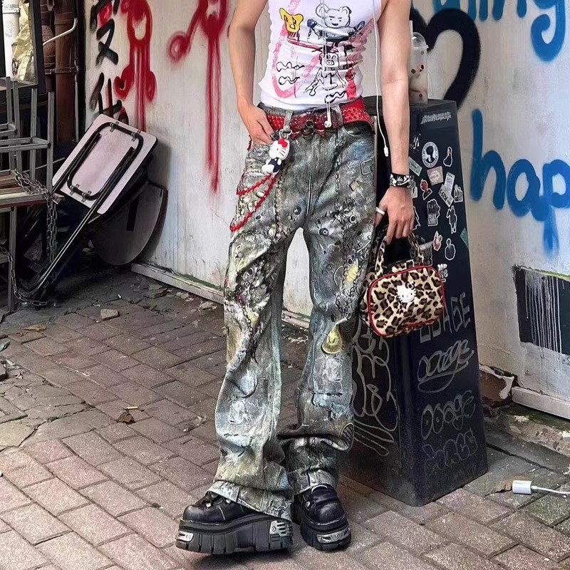 美式高街ac风格珠宝链条3d数码印花直筒牛仔裤男潮牌boro重工长裤