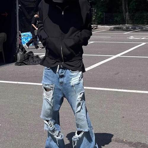 undermycar archive小众联名款复古水洗做旧微喇叭流苏破坏牛仔裤