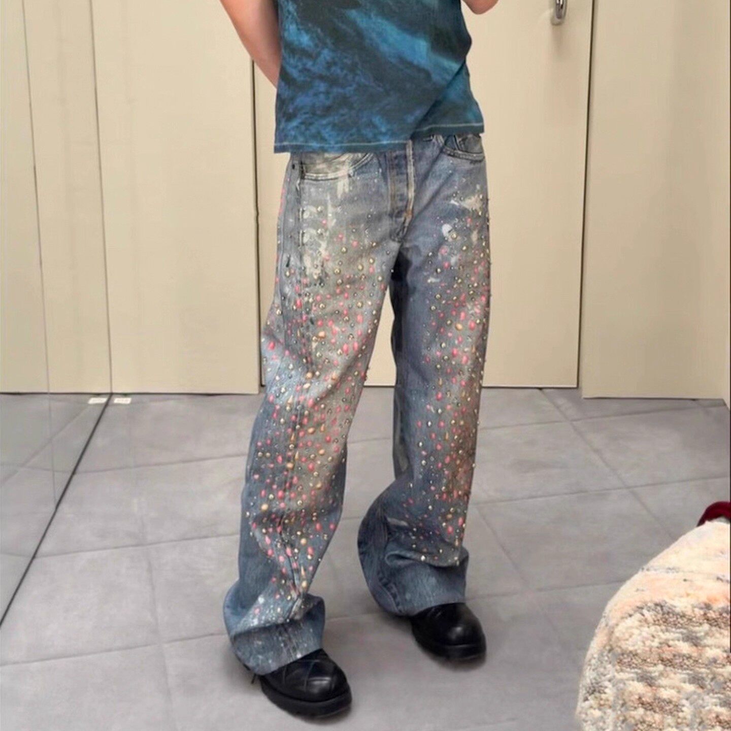 美式ro风涂层修身弹力皱褶微喇牛仔裤男ins刷蜡堆积拖地裤子潮牌