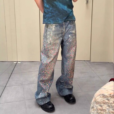 美式ro风涂层弹力皱褶微喇牛仔裤