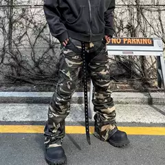 High Street Grailz Project Vibe Coated Waxed Motorcycle Silhouette Pleated Camouflage Bell-Bottom Cargo Pants