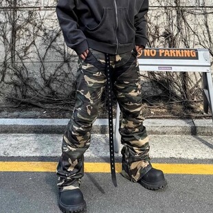 高街Grailz Project vibe涂层刷蜡机车廓形褶皱迷彩喇叭裤工装裤