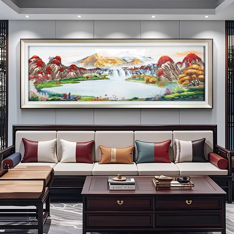 聚宝盆客厅装饰画刺绣山水客厅挂画轻奢高级感山沙发背景墙壁画