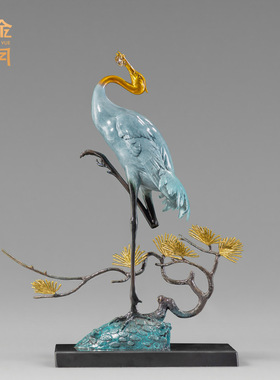 铜艺坊松鹤延年黄铜仙鹤摆件送礼贺寿老人生辰礼物客厅玄关铜摆件