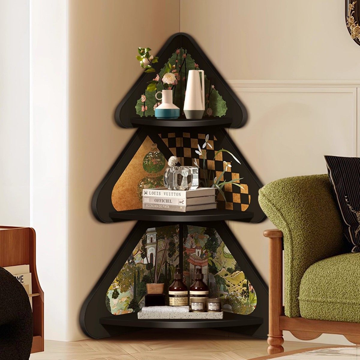 落地摆件中古风三角柜复古客厅拐角收纳储物置物架转角柜多层架子,家居饰品,落地摆件,淘宝优惠券,粉丝福利购,淘宝优惠卷