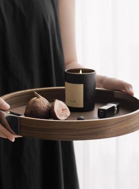 轻奢高档木托盘复古日式胡桃木托盘皮质盘家用餐具盘茶杯收纳盘