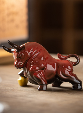 陶瓷红色牛小摆件牛气冲天家居招财装饰品办公室吉祥物生肖牛礼品