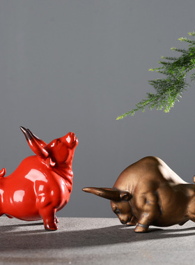 创意陶瓷红色牛摆件家居客厅电视柜办公室桌面招财装饰品摆设