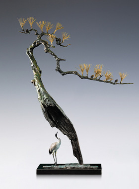 铜艺坊松鹤为伴黄铜仙鹤摆件新中式金属铜器工艺品家居客厅装饰品