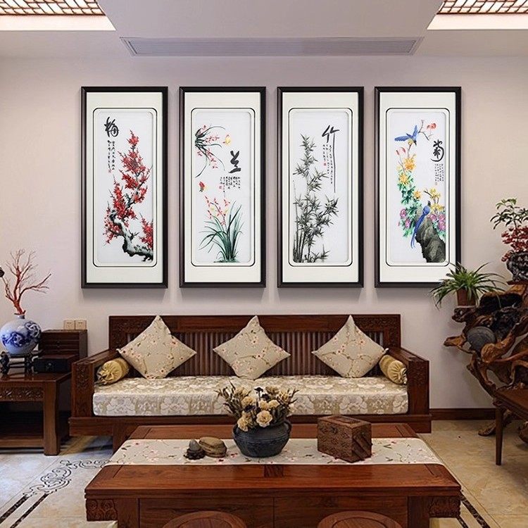梅兰竹菊刺绣挂画客厅沙发背景墙装饰画新中式四条屏茶室苏绣壁画,家居饰品,现代装饰画,淘宝优惠券,粉丝福利购,淘宝优惠卷