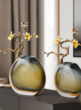 新中式水晶玻璃插花器珐琅花瓶家居简约装饰餐桌摆件摆设节日礼