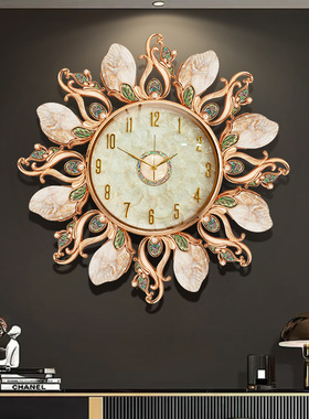 高端时尚创意轻奢挂墙装饰珐琅彩孔雀挂钟时钟静音新中式家用客厅
