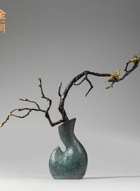 铜艺坊喜上枝头黄铜器工艺品摆件花瓶枝鸟家居客厅玄关博古架装饰