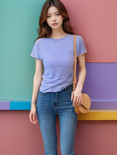 T恤 细闪VISCOSE显瘦不对称单边钻饰褶皱圆领短袖 Galaxy多巴胺