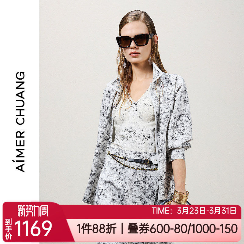 爱慕CHUANG春夏印花休闲双面布粘合外穿女士翻领长袖衬衫CA812291