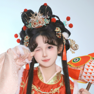 大无汉风 原创古风喜庆明制国风汉服头饰红新年发饰全套 醒狮龙