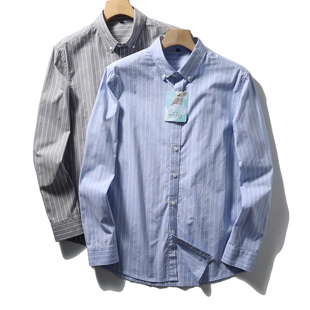 2024春秋美式复古竖条纹宽条全棉水洗长袖衬衫商务打底休闲衬衣男