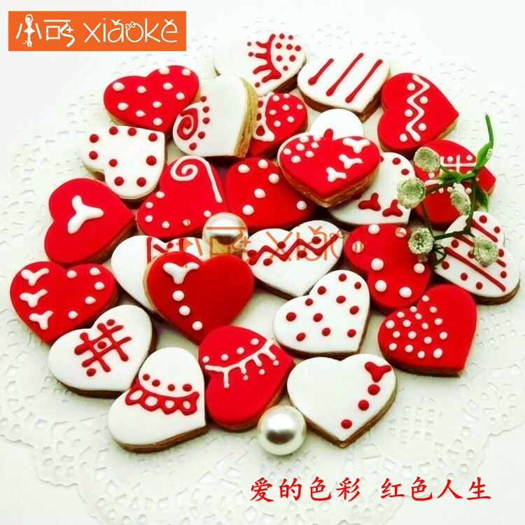 包邮翻糖饼干红白色迷你小桃心宝宝生日手工零食甜点婚礼摆台定制