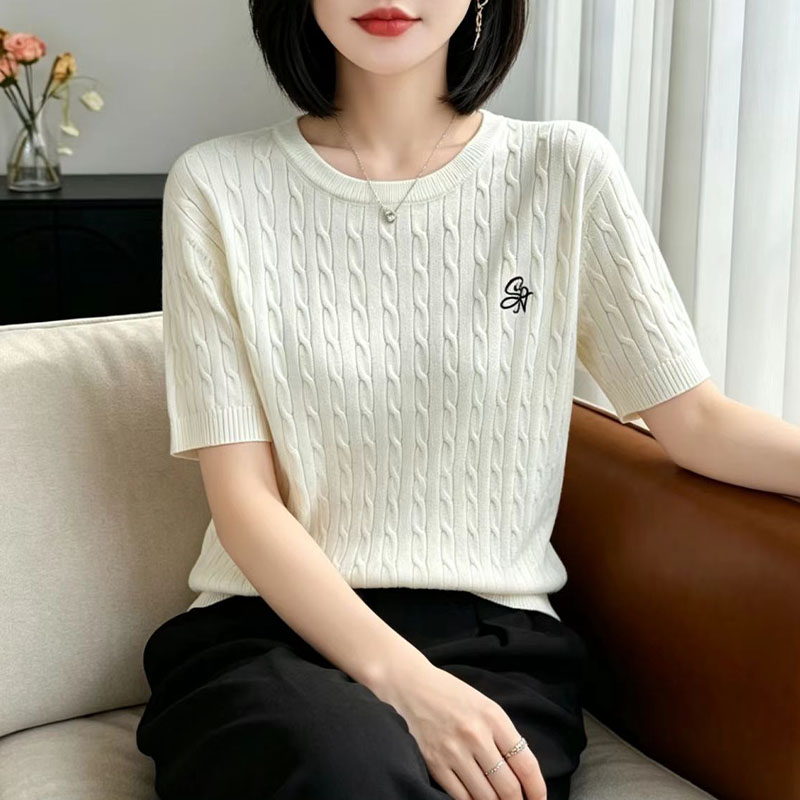麻花针织衫女短袖T恤圆领刺绣宽松百搭显瘦打底衫上衣