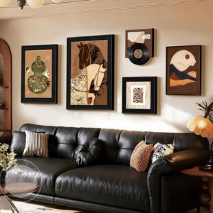 法式复古马到成功客厅装饰画中古风沙发背景墙挂画高级感组合壁画