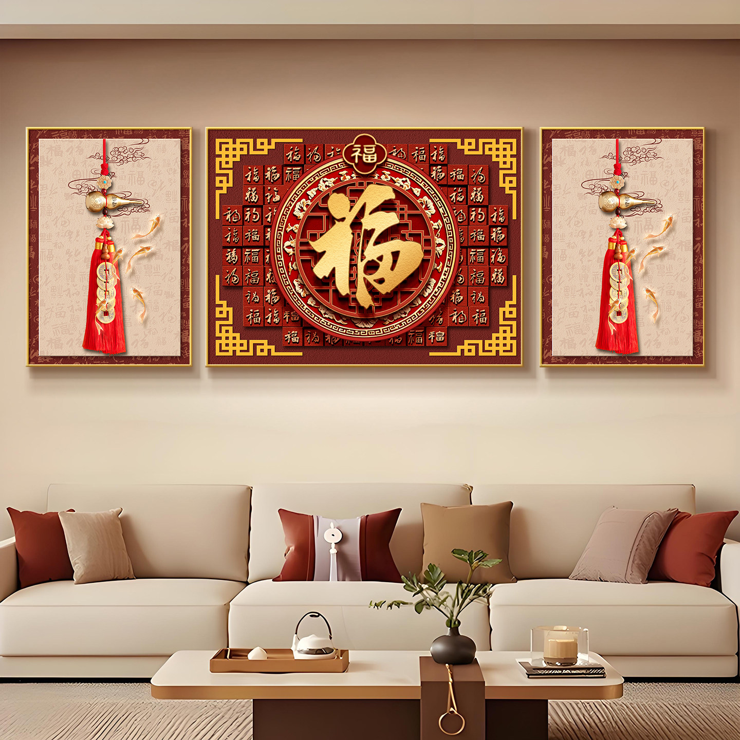 葫芦福字客厅装饰画新中式2026新款百福图沙发背景墙壁画三联挂画,家居饰品,现代装饰画,淘宝优惠券,粉丝福利购,淘宝优惠卷