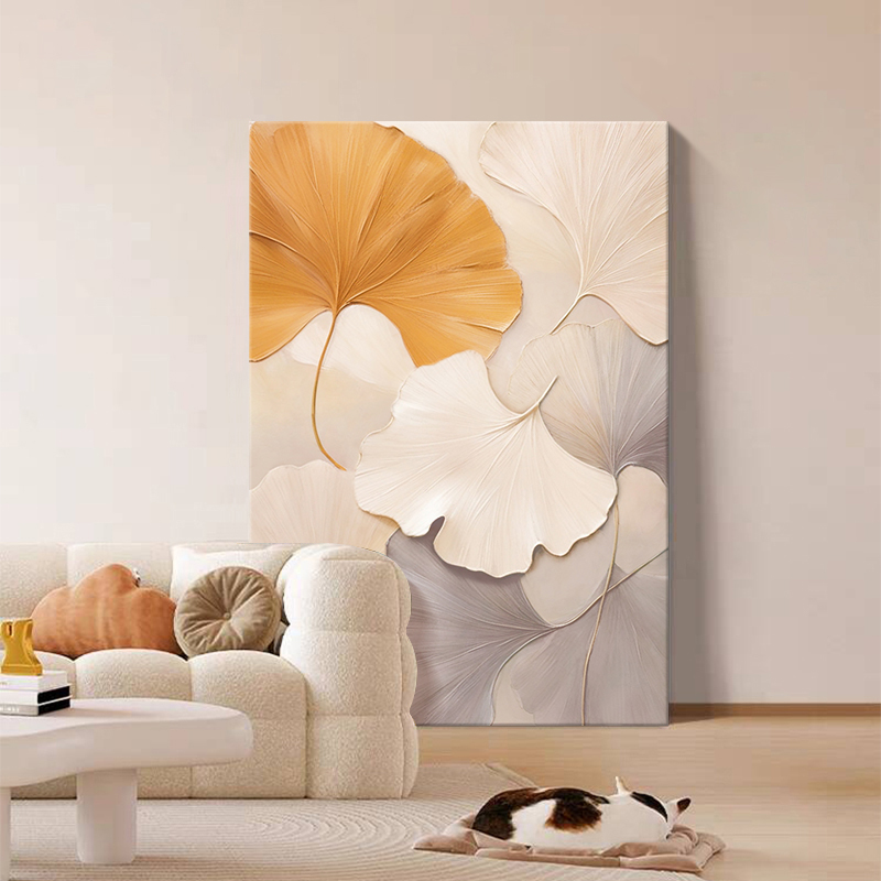 奶油风银杏叶抽象艺术客厅落地画
