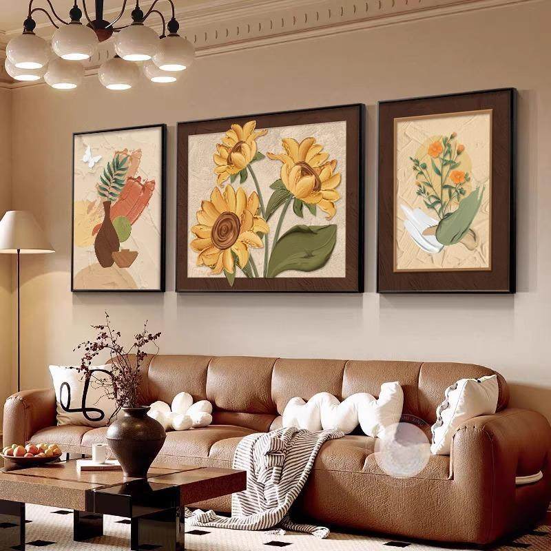 中古风向日葵客厅装饰画法式沙发背景墙挂画高级感复古三联墙壁画,家居饰品,现代装饰画,淘宝优惠券,粉丝福利购,淘宝优惠卷