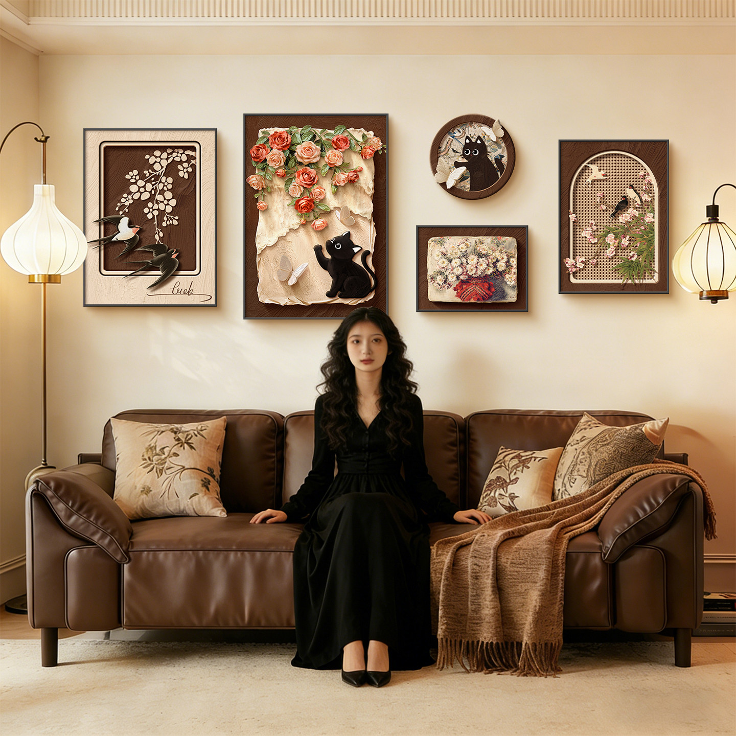 法式复古玫瑰客厅装饰画中古风猫咪沙发背景墙挂画高级感蝴蝶壁画
