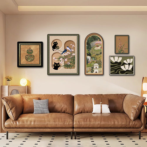 中古风猫咪小众艺术客厅装饰画