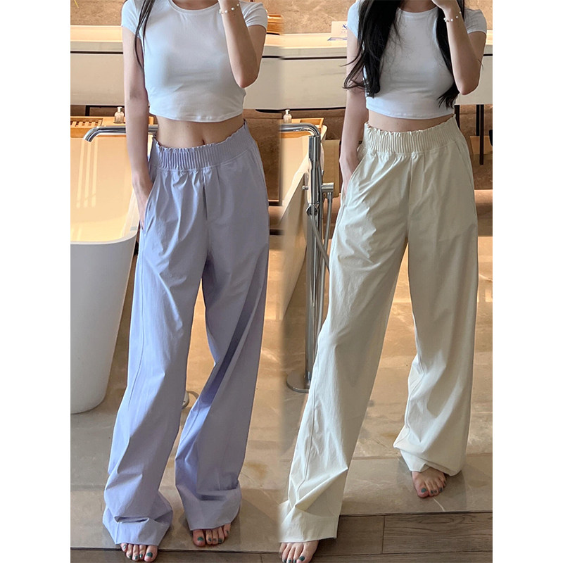 luqi lulu腰部花边褶皱休闲运动裤女士夏季显瘦直筒阔腿速干裤女 - lu门永存出品