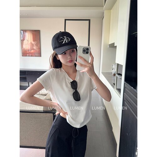 luqi lulu巨好穿露脐休闲短款小个子纯棉宽松瑜伽男友风短袖T