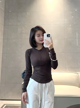 luqi Lulu春夏Hold Tight Henley休闲舒适瑜伽运动纽扣长袖亨利衫